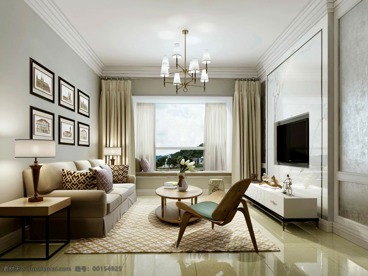 美式 清新 亮 地板 客厅 室内装修 效果图 卧室装修 瓷砖地板 素色背景墙 褐色沙发