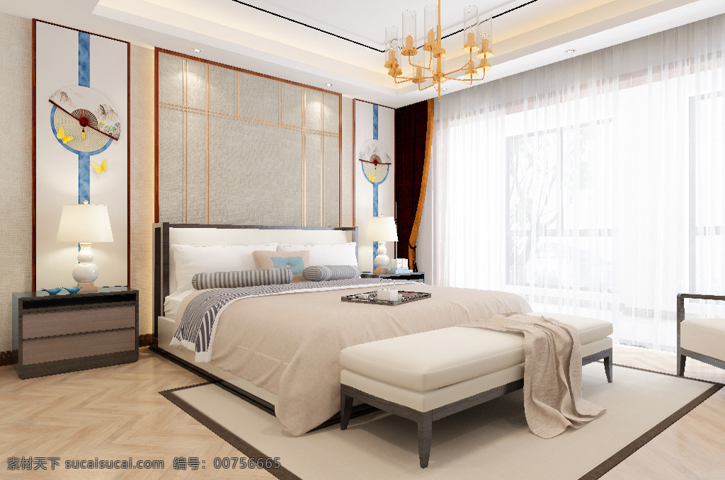 新 中式 风格 清新 卧室 效果图 时尚 简约 大气 3d 背景墙 新中式 温馨 舒适