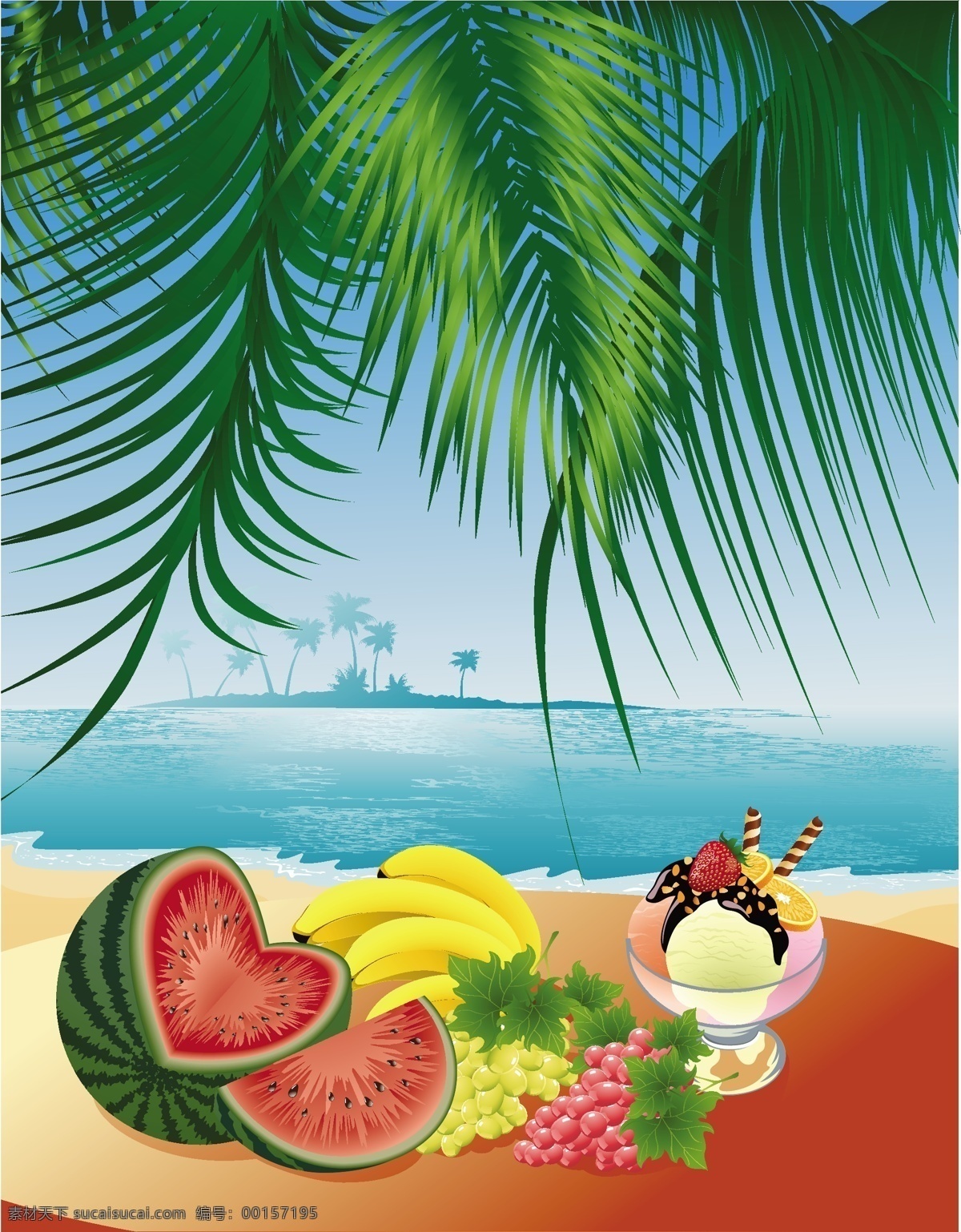 各种 载体 材料 水果 海滩 风景 冰淇淋 海 景观 葡萄 树 西瓜 香蕉 绿色的叶子 海滨景观材料 向量的水果 矢量图 其他矢量图