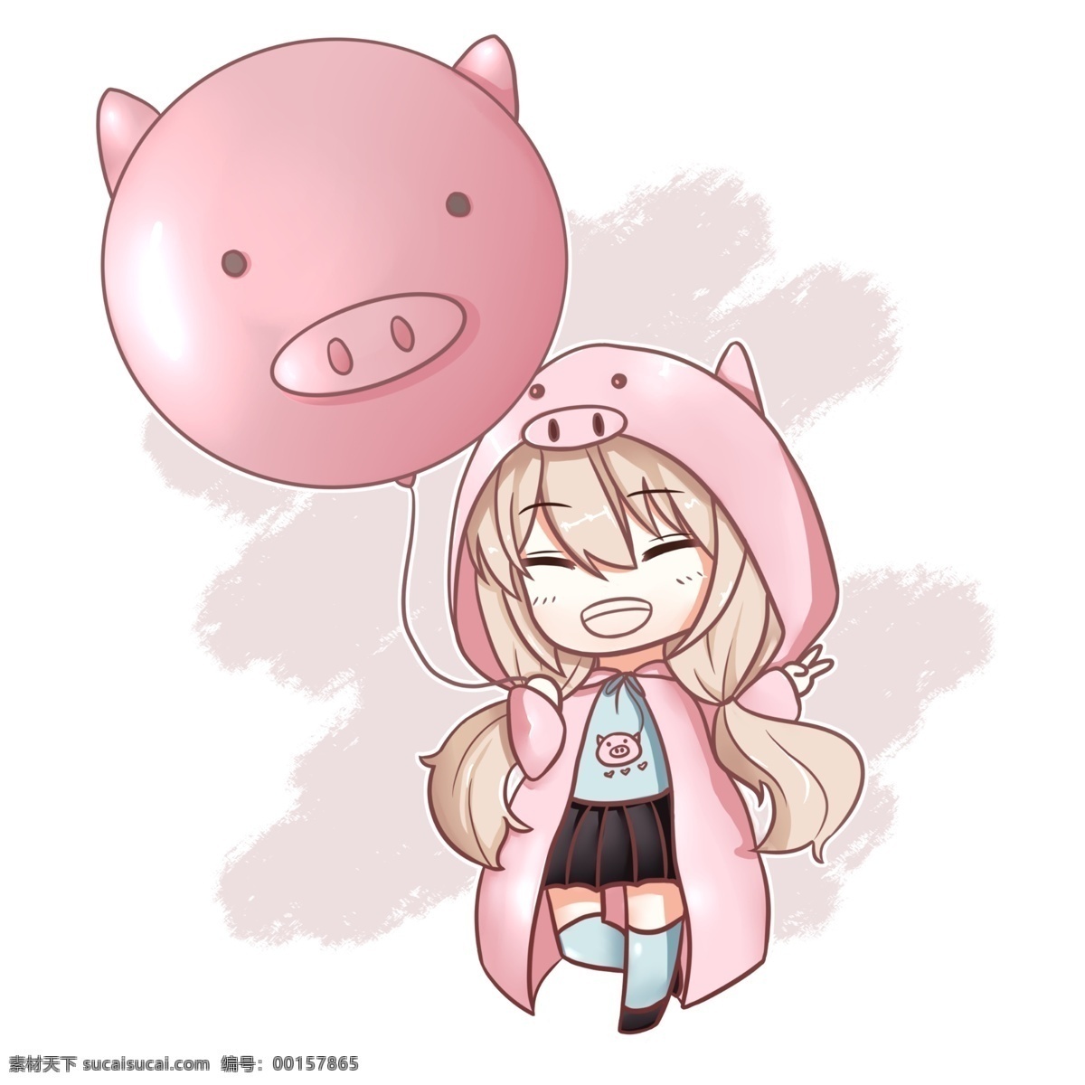 猪年 q 版 猪 女孩 手绘 q版女孩 粉红色 卡通手绘图 免抠图 气球 日系 小清新 可爱 卡通