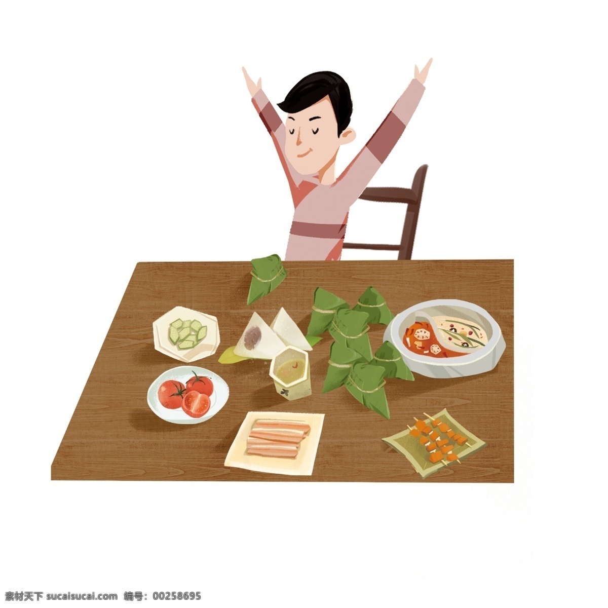 创意 端午节 包 粽子 男孩 手绘 卡通 五月初五 中国风 传统节日 包粽子 插画
