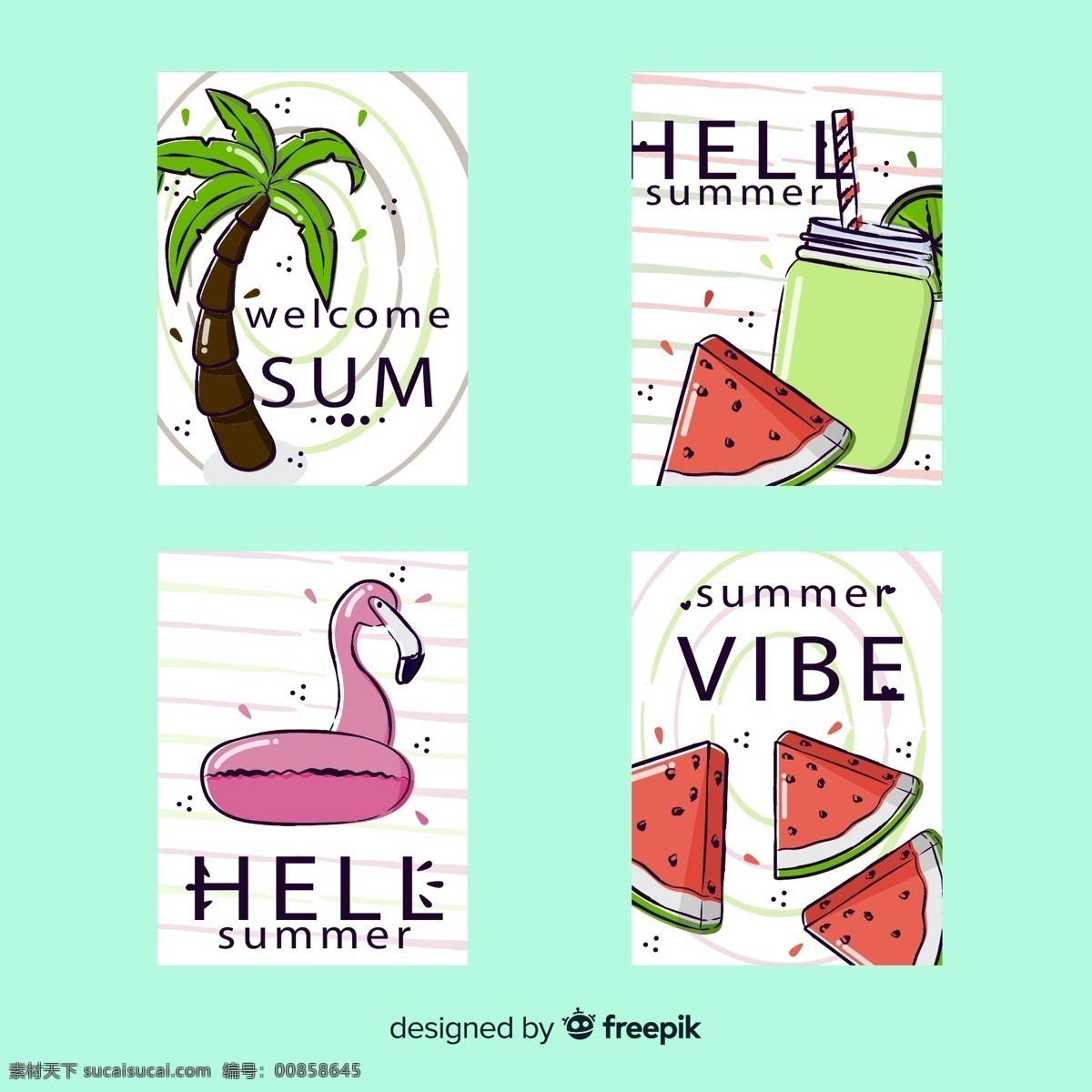 可爱 夏季 卡片 椰子树 大海 西瓜 火烈鸟 救生圈 矢量 高清图片