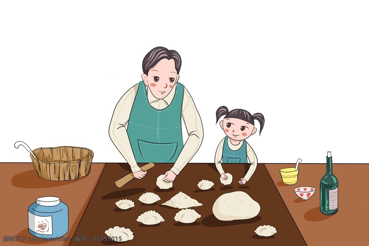 卡通 手绘 插画 妇女 包 饺子 父母 包饺子 包水饺 水饺 冬至 冬至包饺子 春节 爸爸 女儿