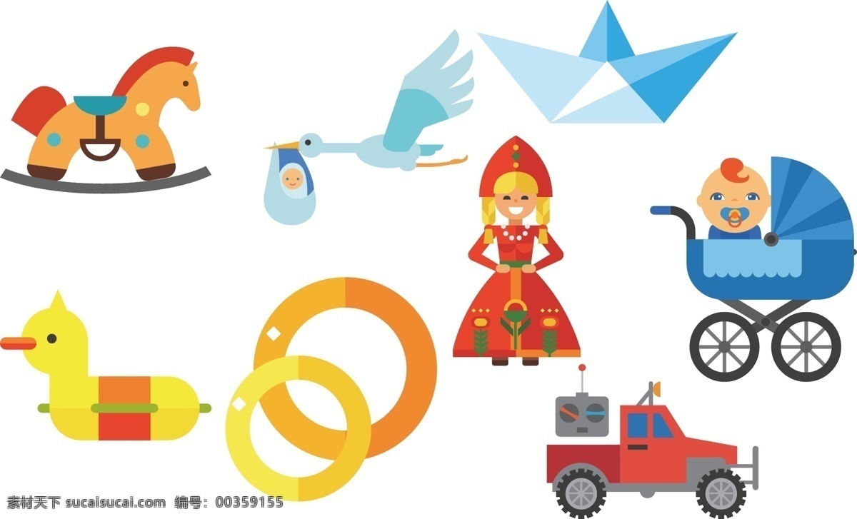 可爱 家庭 图标素材 卡通 图标 矢量素材 彩色 小木马 千鹤 小鸭子 玩偶 玩具车 婴儿车 纸船