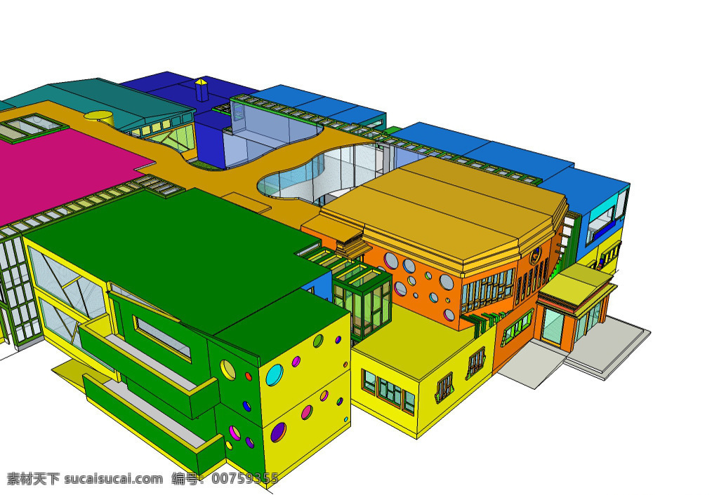 七彩学校模型 学校模型 建筑模型 skp 3d模型 大型建筑 学校 室外 白色