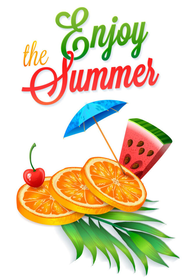 夏日 甜美 水果 3d 动感 橘子 手写英文字体 水果广告 甜蜜 西瓜 享受 樱桃 矢量 小伞 海报 矢量图 其他矢量图