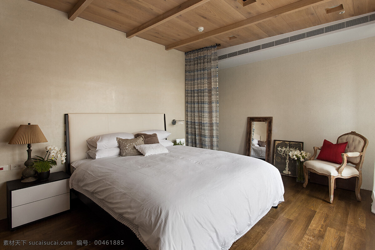 简约 卧室 木质 吊顶 装修 效果图 床铺 床头柜 木地板 台灯 椅子
