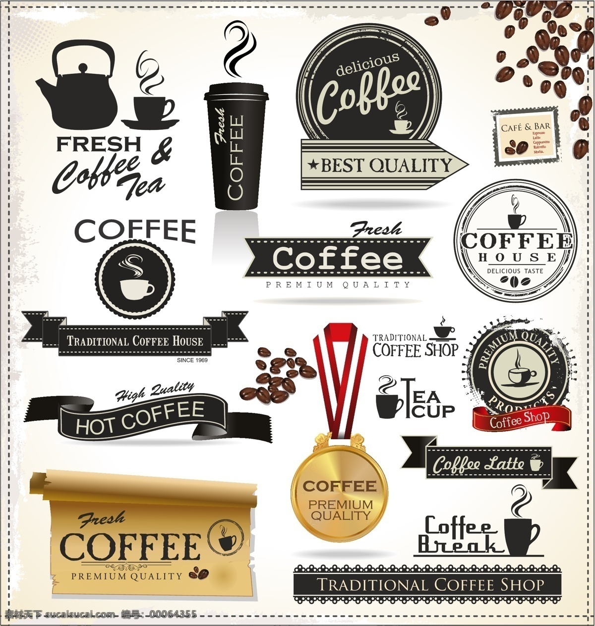 咖啡 主题 元素 矢量 标签 高清图片 金牌 卷边 咖啡豆 咖啡壶 丝带 图标 纸张 残边 纸杯 anmin 矢量图 其他矢量图
