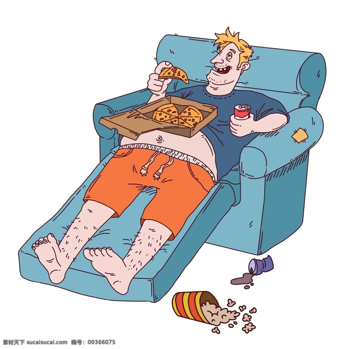 宅 在家 吃 美食 男孩 美味的食物 蓝色的沙发 卡通人物 红色的可乐 男 人物 手绘 插画 美味的爆米花