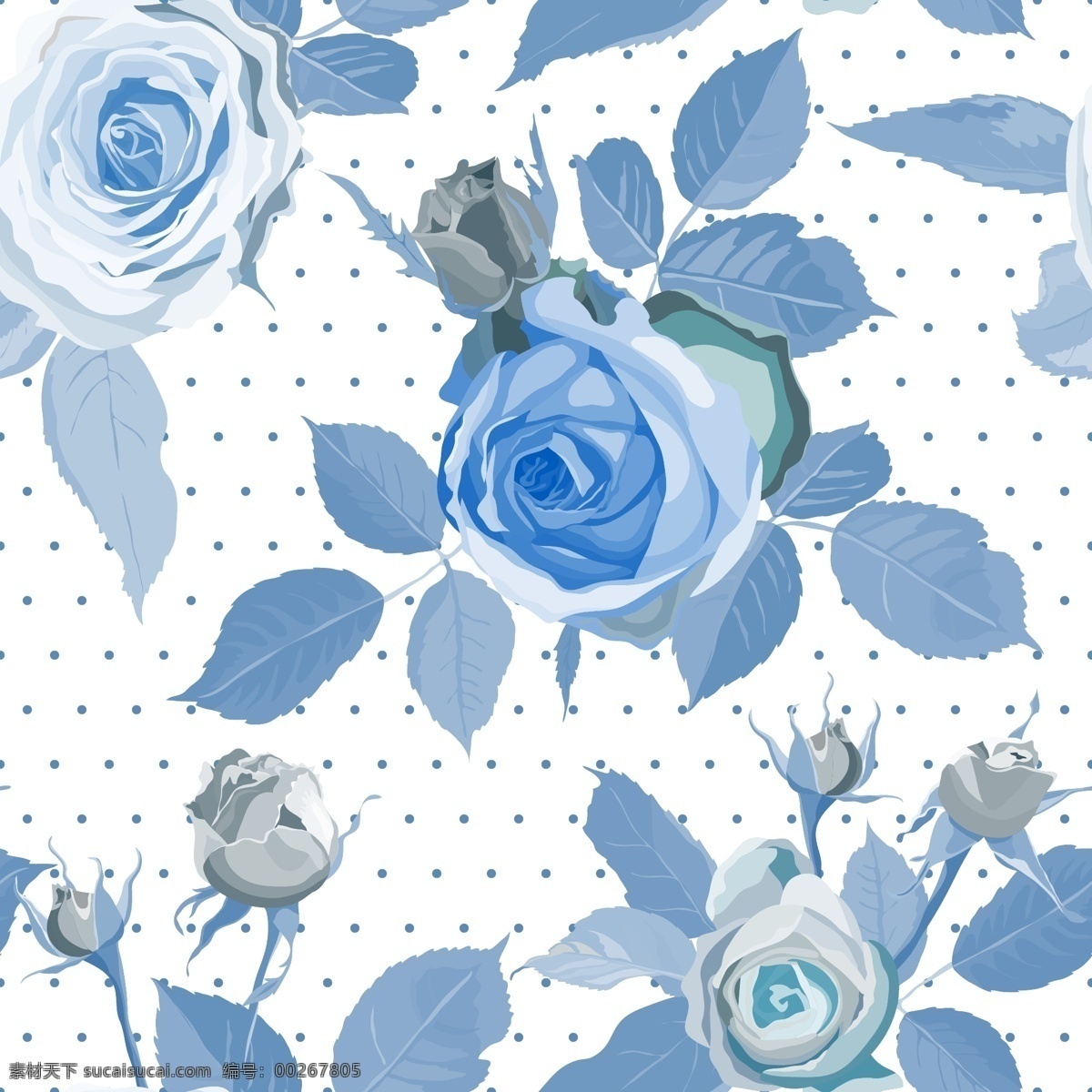 蓝 玫瑰 无缝 背景 水玉点 玫瑰花 蓝玫瑰 无缝背景 矢量图 eps格式 白色