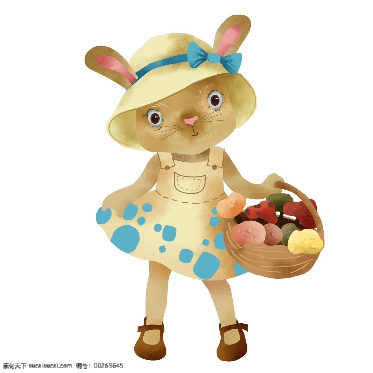 提水 果篮 兔子 卡通 手绘 插画 戴帽子的兔子 篮子 穿着 裙子 兔子卡通手绘 可爱兔子 卡通手绘插画