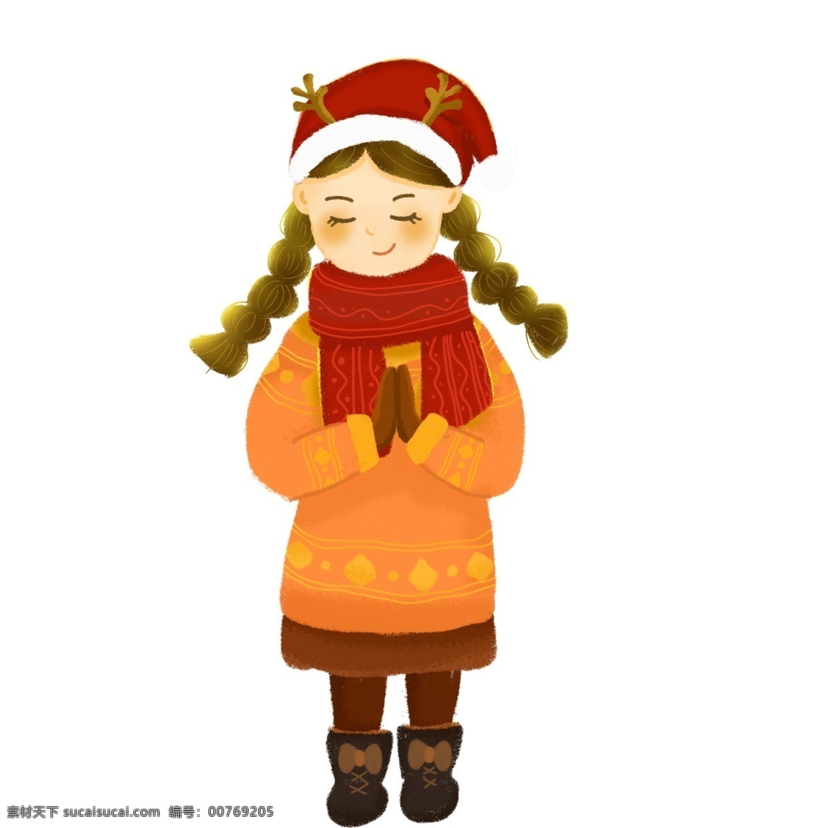 圣诞节 虔诚 许愿 女孩 卡通 小清新 女生 手绘