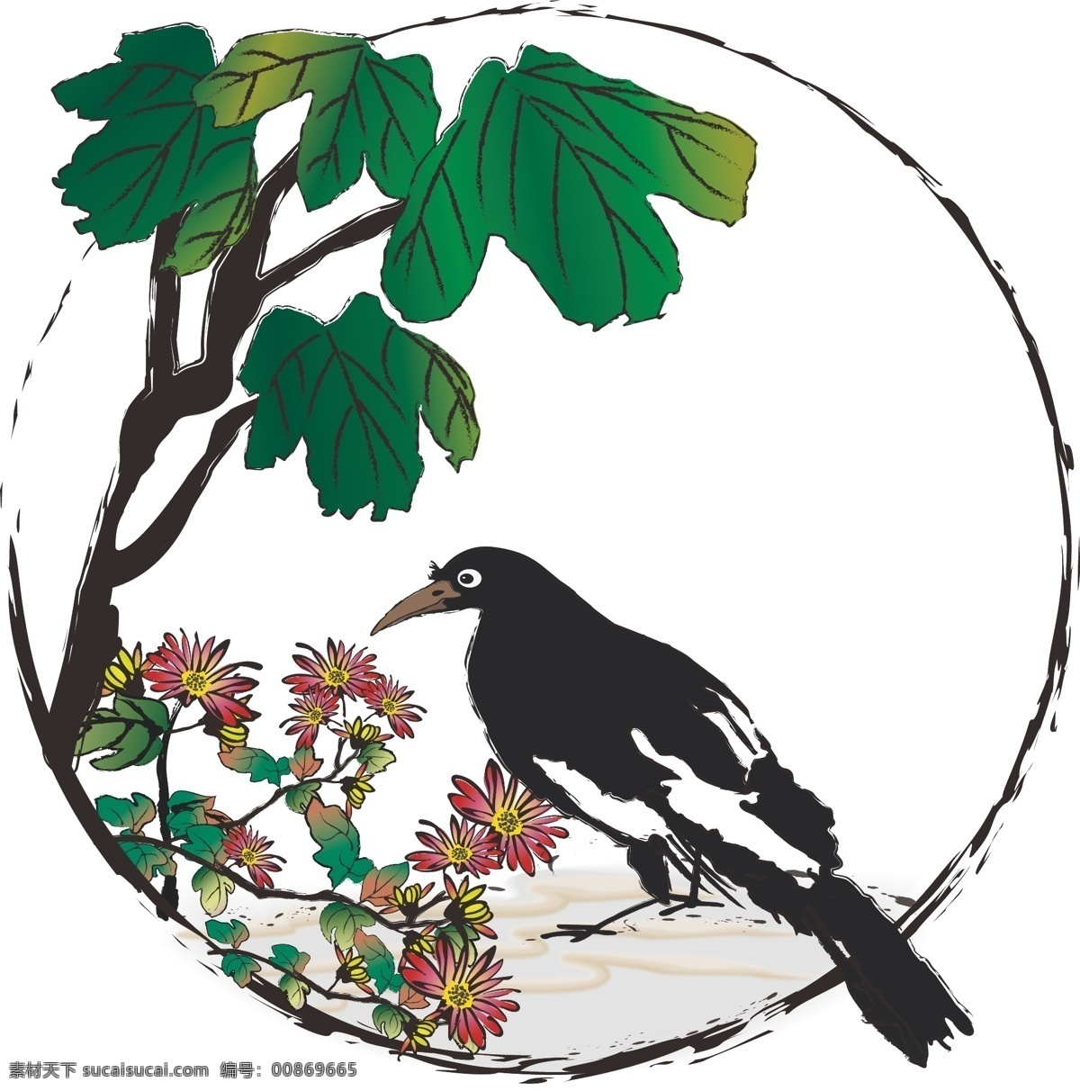 手绘 中国 风 水墨 花鸟 植物 边框 菊花 喜鹊 元素 中国风 花卉 鸟