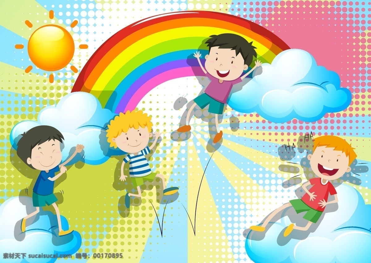 卡通儿童插画 卡通儿童 手绘 户外 绿地 蓝天 小树 男孩 女孩 儿童 学生 开心 快乐 玩乐 幸福 卡通设计