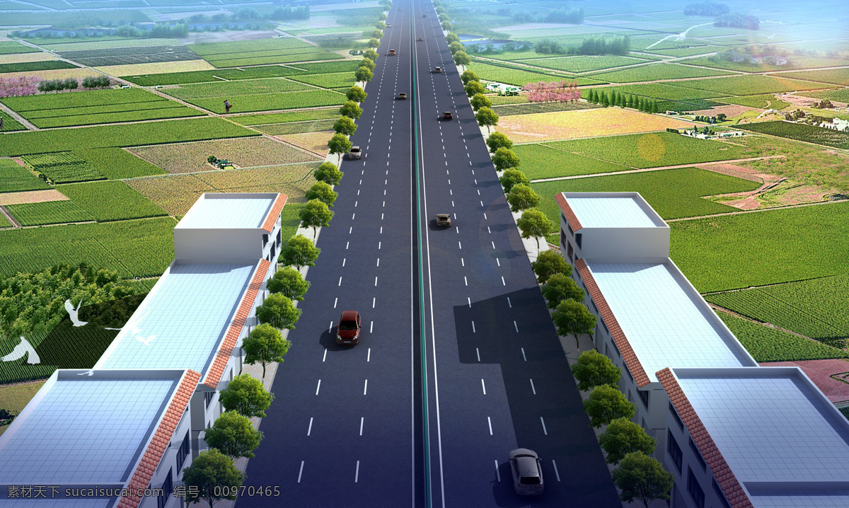 双向六车道 市政 道路 无中间绿化带 郊区 3d设计