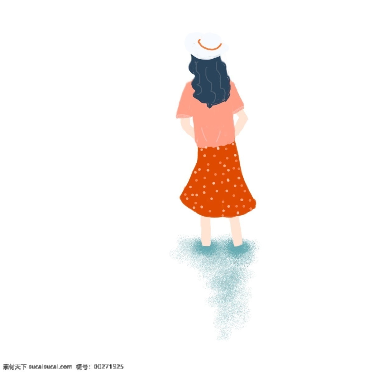 小 清新 可爱 一个 旅行 女孩 手绘 小清晰 帽子 插画 背影
