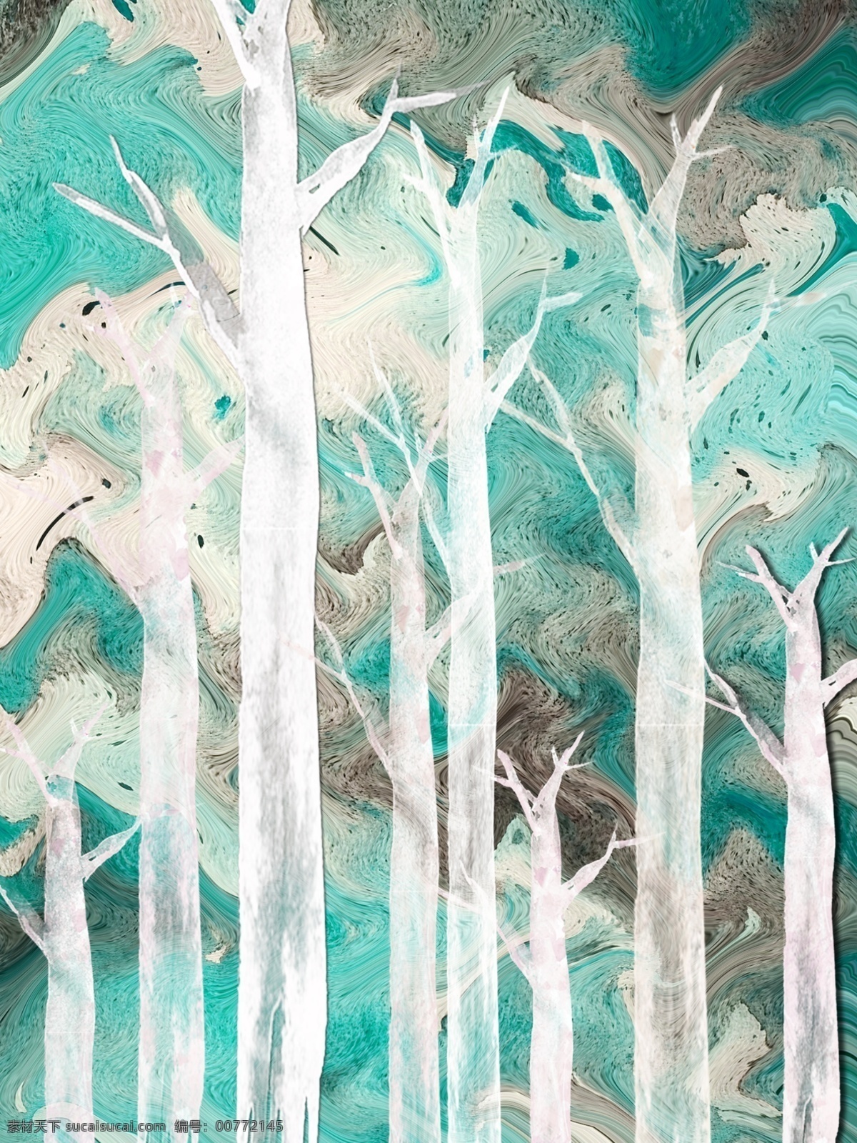 现代 简约 白色 冰晶 丛林 客厅 装饰画 冬日丛林 抽象水墨 一联画 客厅装饰画 波浪水蓝背景
