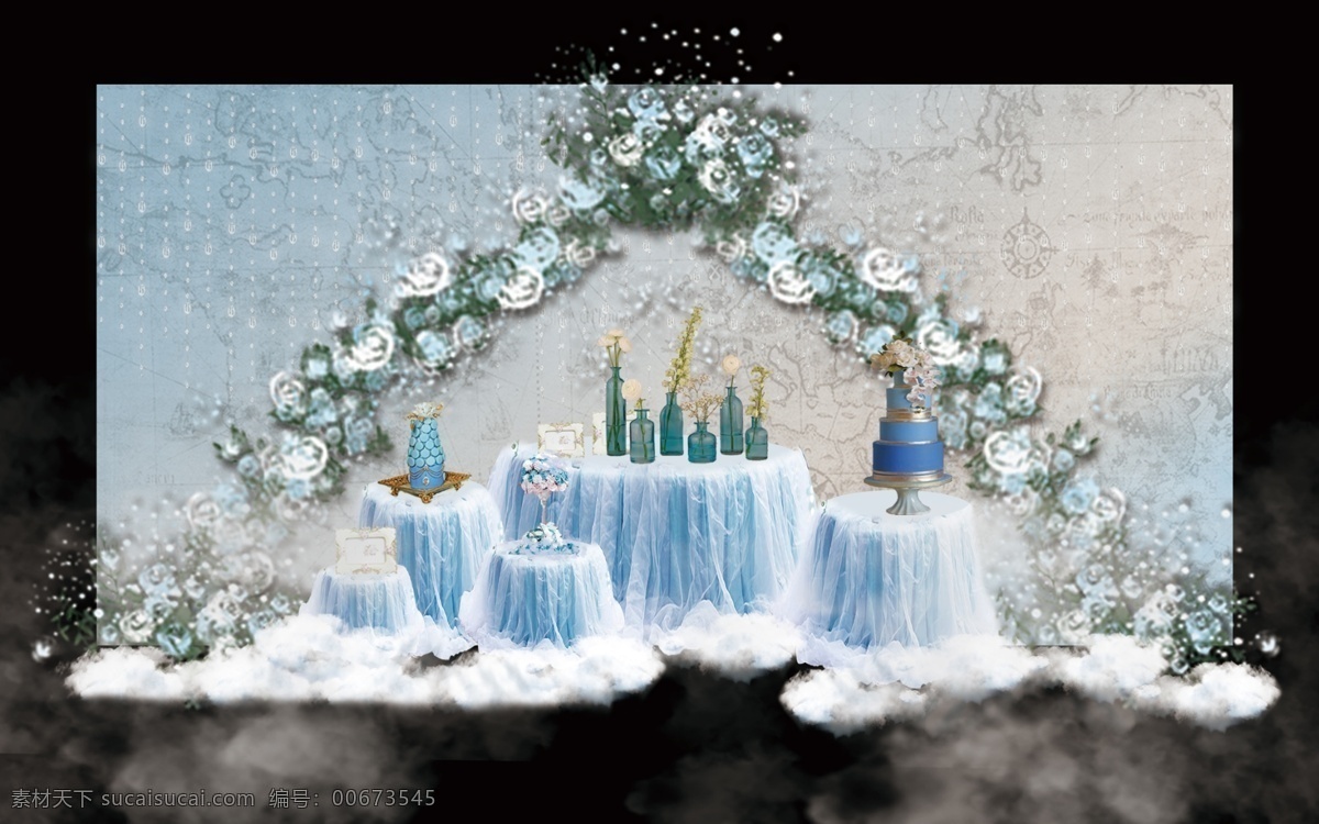 蓝色 简约 大气 清新 婚礼 甜品 工装 效果图 云朵 梦幻 花艺 地图暗纹 甜品台