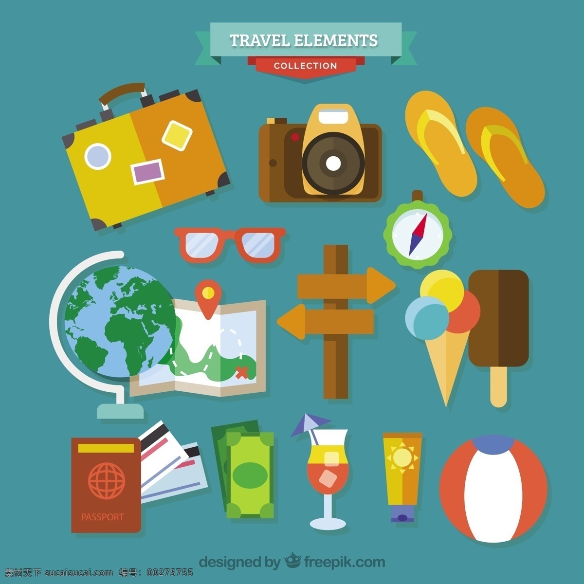 平坦 夏季 旅行 元素 收集 旅游 地图 相机 海滩 世界 世界地图 标志 平面 指南针 球 平面设计 度假 护照 冰淇淋