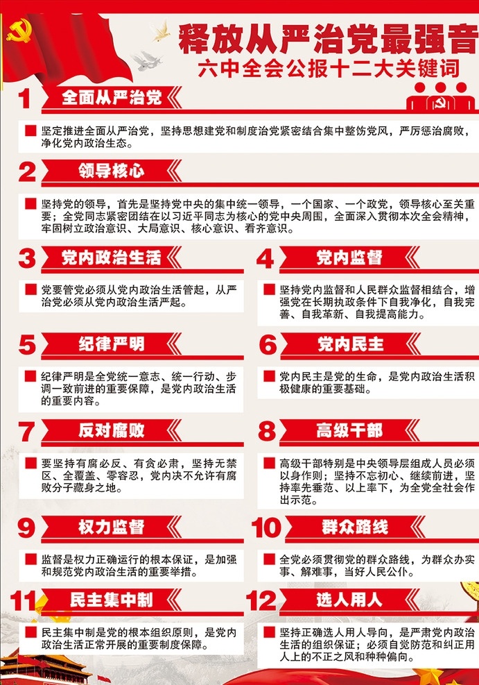 释放 从严 治党 最强音 六中全会 十二大关键词 从严治党 党建 党徽 华表 展板模板
