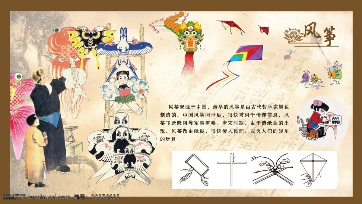 风筝 剪纸 老人 小孩 文化 古典 复古 介绍 纸风筝 传统 吉祥 民间习俗 广告设计模板 源文件