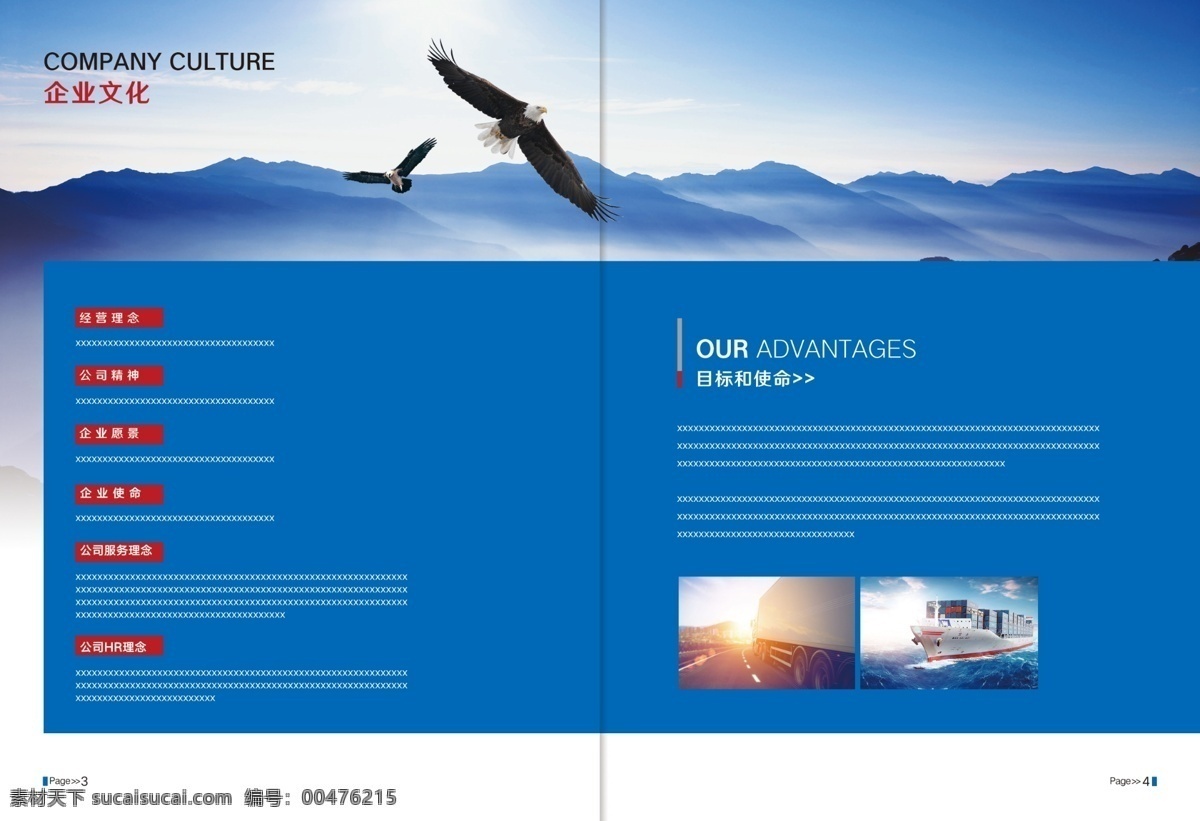企业文化图片 画册 封二 企业文化 公司愿景 目标使命 蓝色大气 物流 画册设计