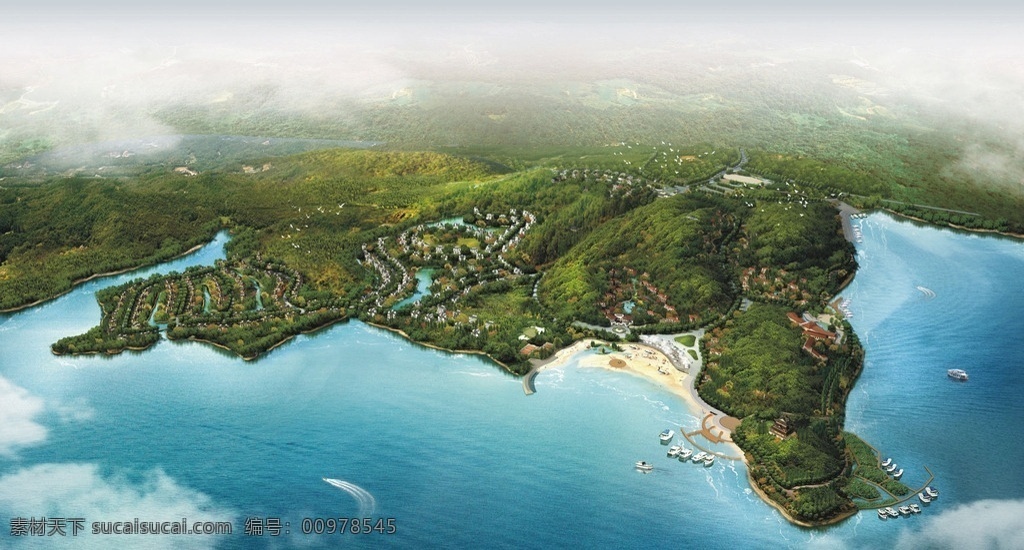 滨 水 丘陵 度假区 鸟瞰 效果图 滨水 整体规划 环境设计 景观设计