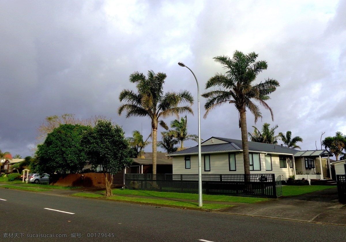 新西兰 小镇 风景 天空 阴云 绿树 棕榈树 绿地 草地 建筑 别墅 围栏 道路 新西兰风光 旅游摄影 国外旅游