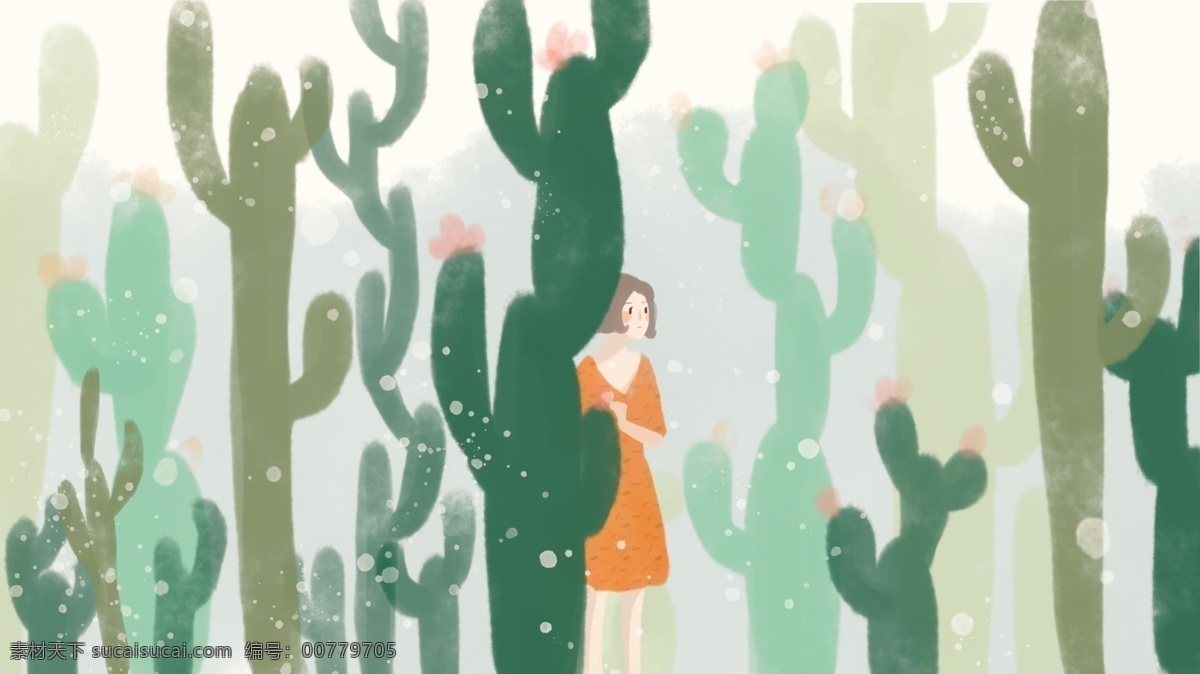 绿色 仙人掌 森林 女孩 手绘 插画 绿叶 治愈系 清爽 朋友圈配图 手机壁纸 插图 配图 微博配图 公众号配图 文章配图 原创 夏天 夏季 summer