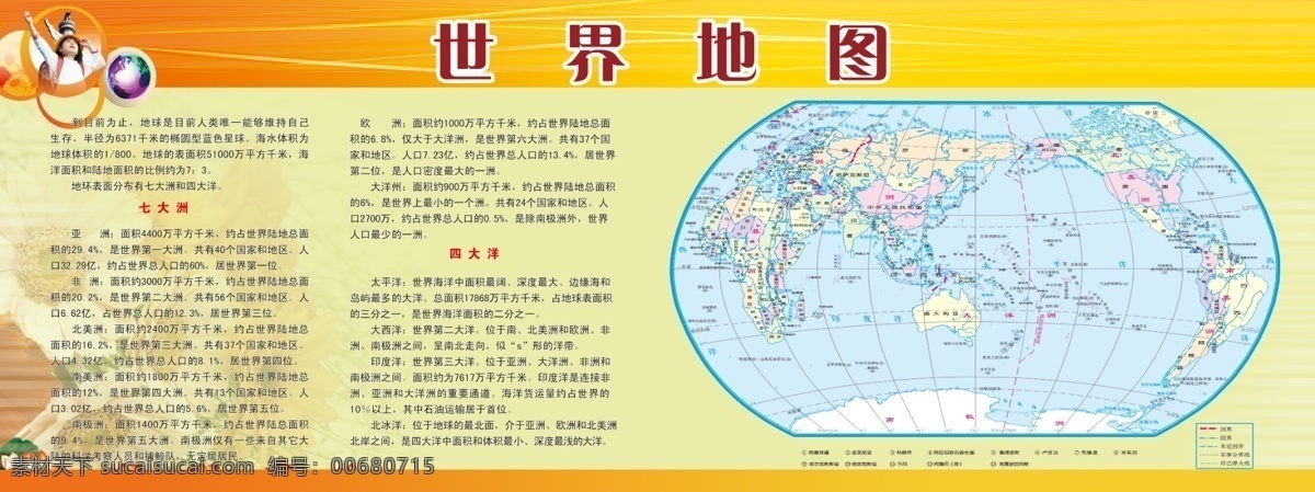 世界地图展板 学校展板 七大洲 四大洋 黄色