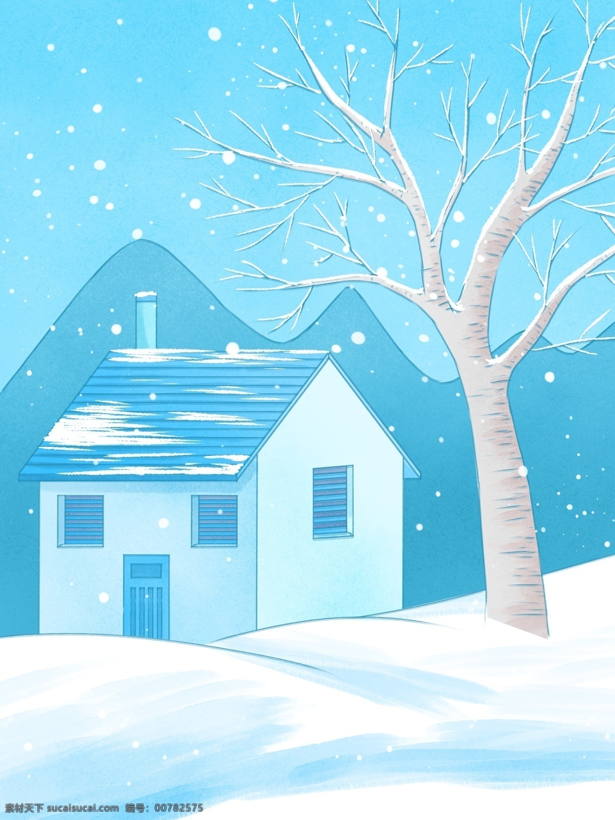 简约 蓝色 冬季 雪景 背景 大树 树林 创意 小屋 雪地 下雪 背景设计 彩绘背景 手绘背景 通用背景 背景展板 促销背景 背景展板图