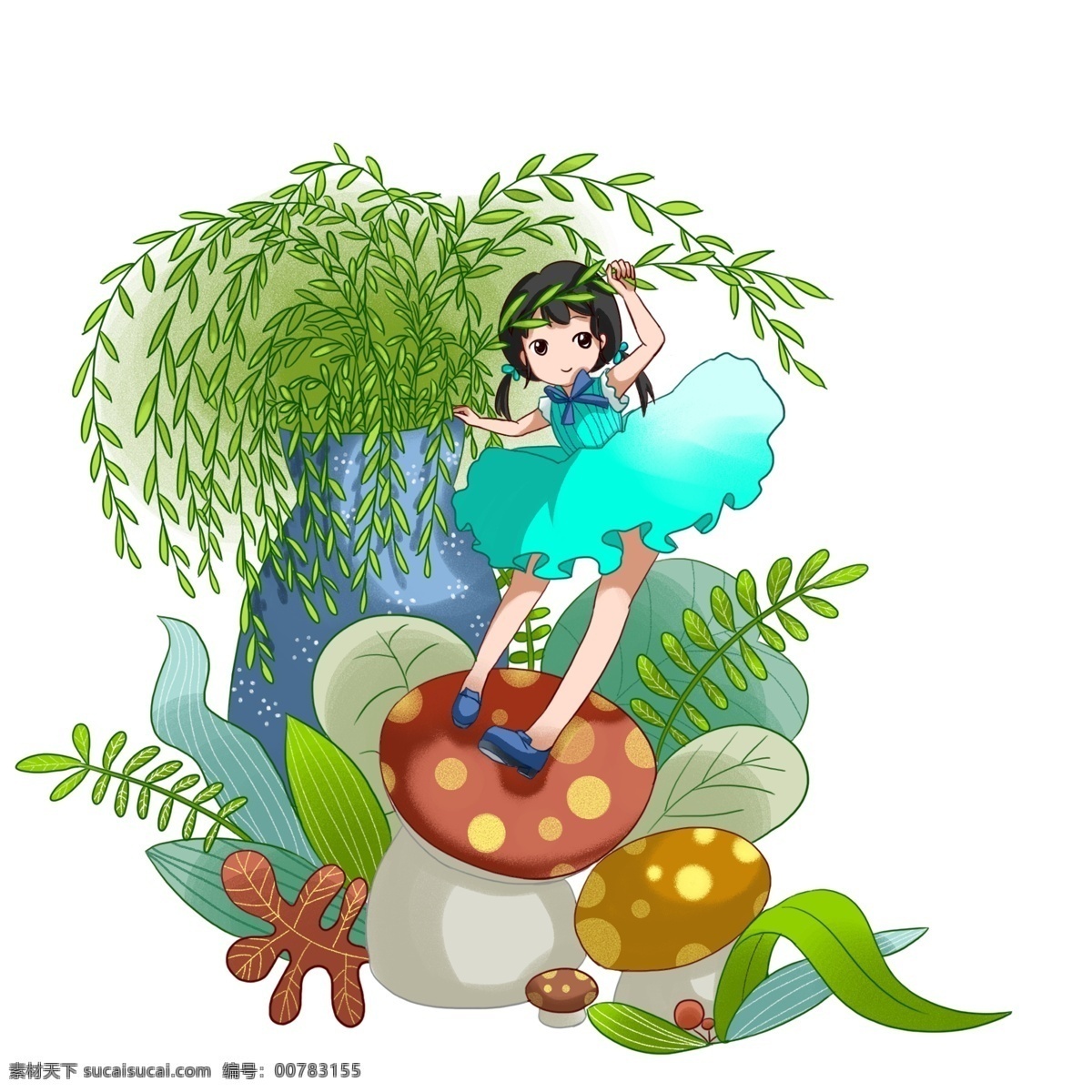 清明节 站 蘑菇 上 女孩 插画 清明节插画 节日装饰 绿色的柳条 绿植装饰 卡通插画