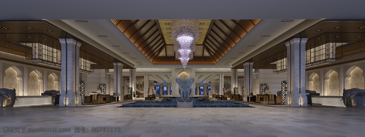 酒店大堂 瓷砖地板 天花灯光 水晶灯吊顶 雕塑 沙发 中式 环境设计 室内设计