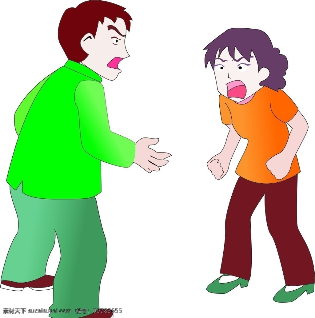 争吵 夫妻 争论 争辩 绿衣男子 红衣女子 吵架 日常生活 矢量人物 矢量