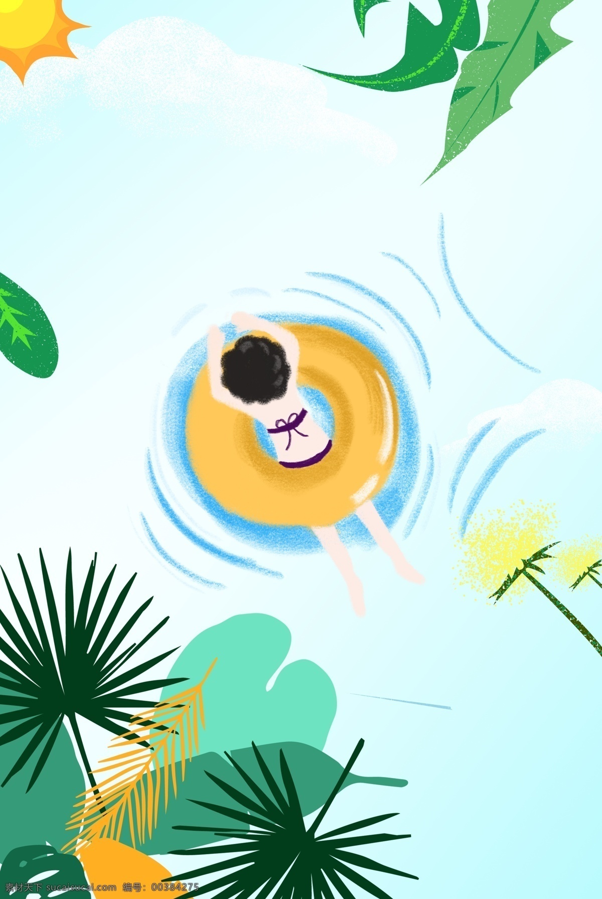 夏天游泳背景 简约 清新 大海 水草 质感 纹理 卡通 小孩 文艺 唯美