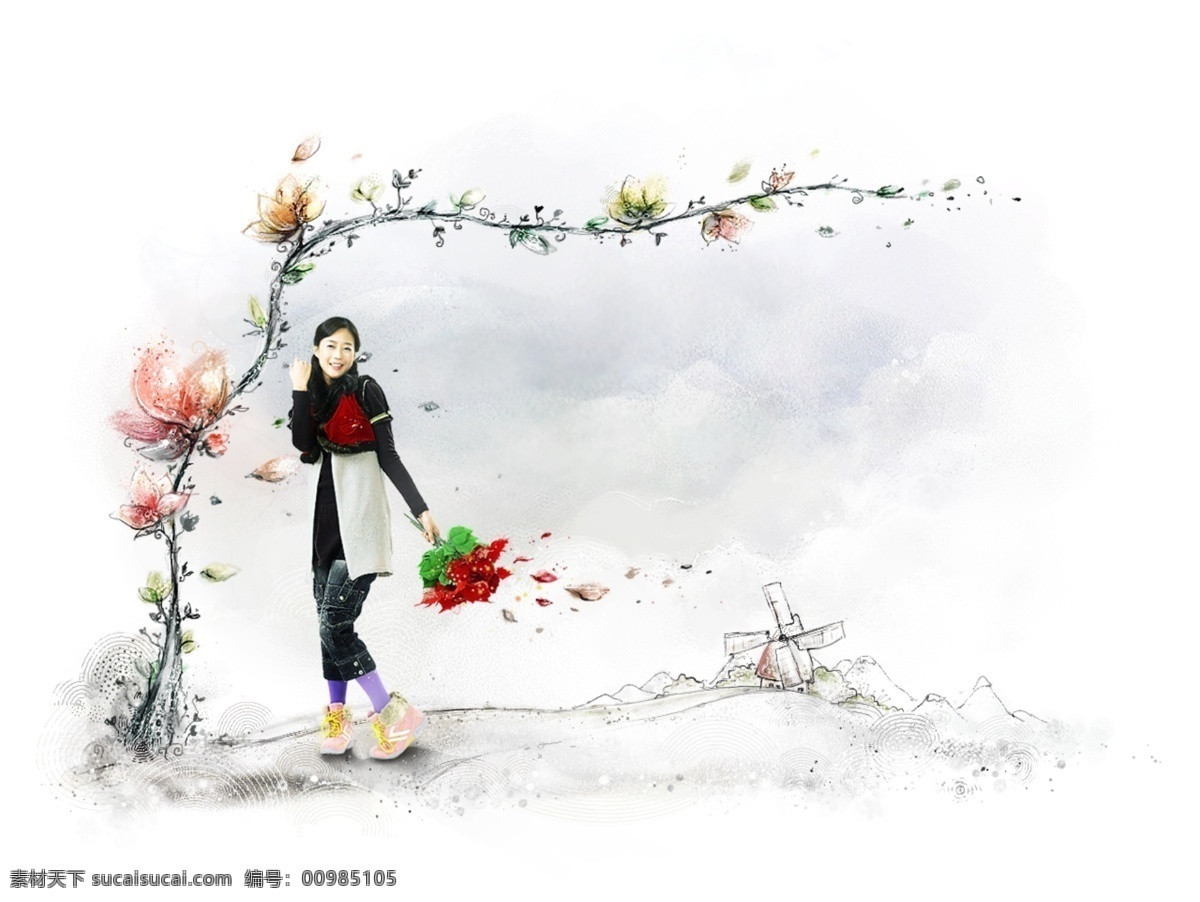 精美 人物 花纹 花 美女 舞动的美女 捧着花的美女 psd源文件