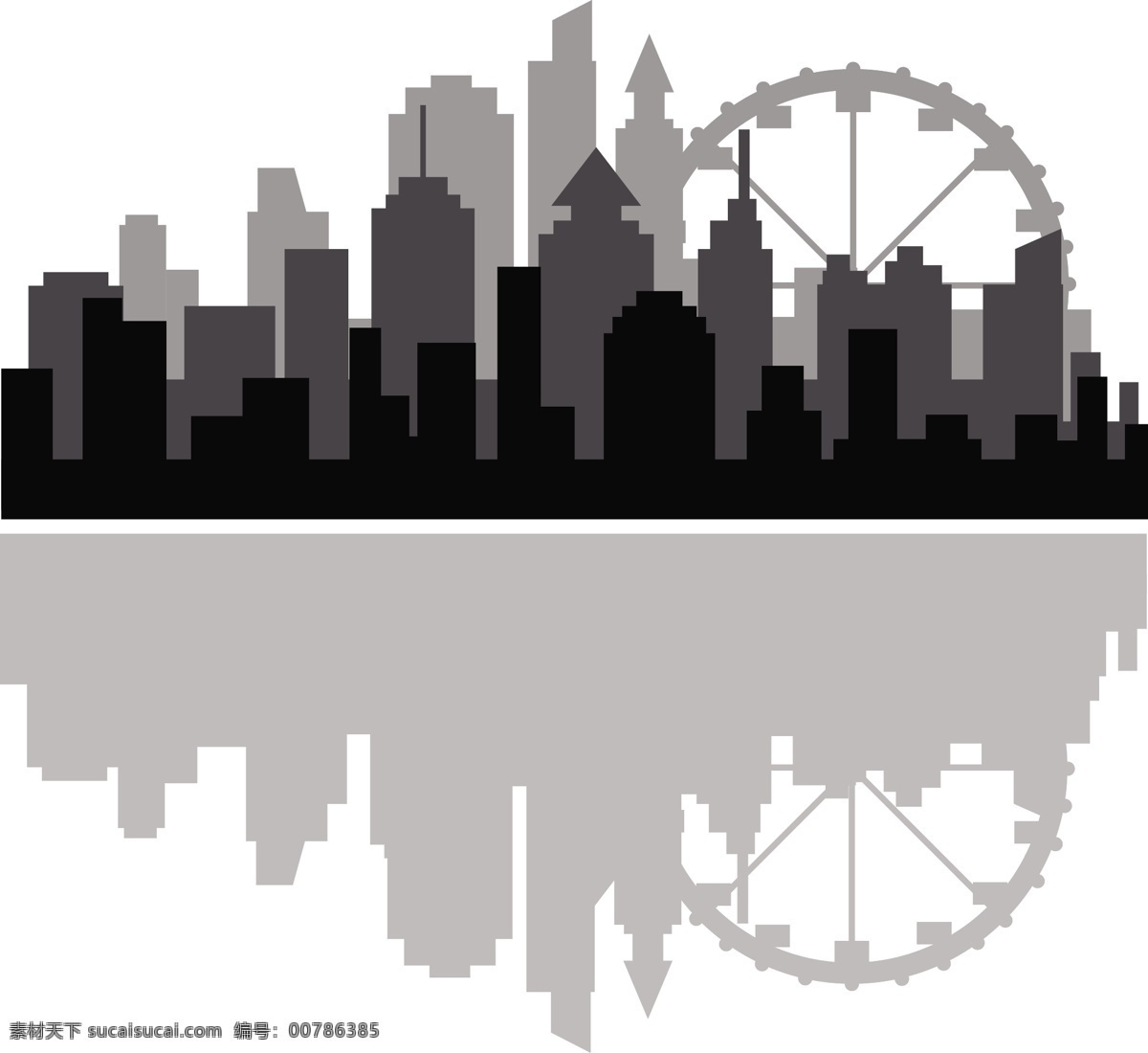 城市 剪影 矢量 图案 缩影 黑白 晦涩 摩天轮 倒影 建筑物 高楼大厦 建筑 商场