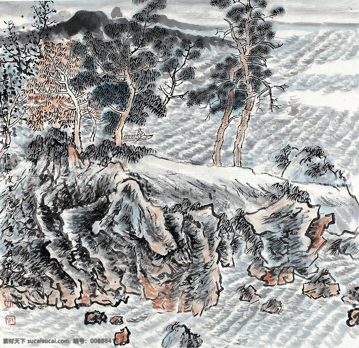 船只 国画艺术 绘画 绘画书法 美术 山岭 山坡 君看一叶舟 中国画 水墨画 写意画 江流 树木 云雾 书法 印章 山水 专辑 二 文化艺术 装饰素材 雕刻 图案