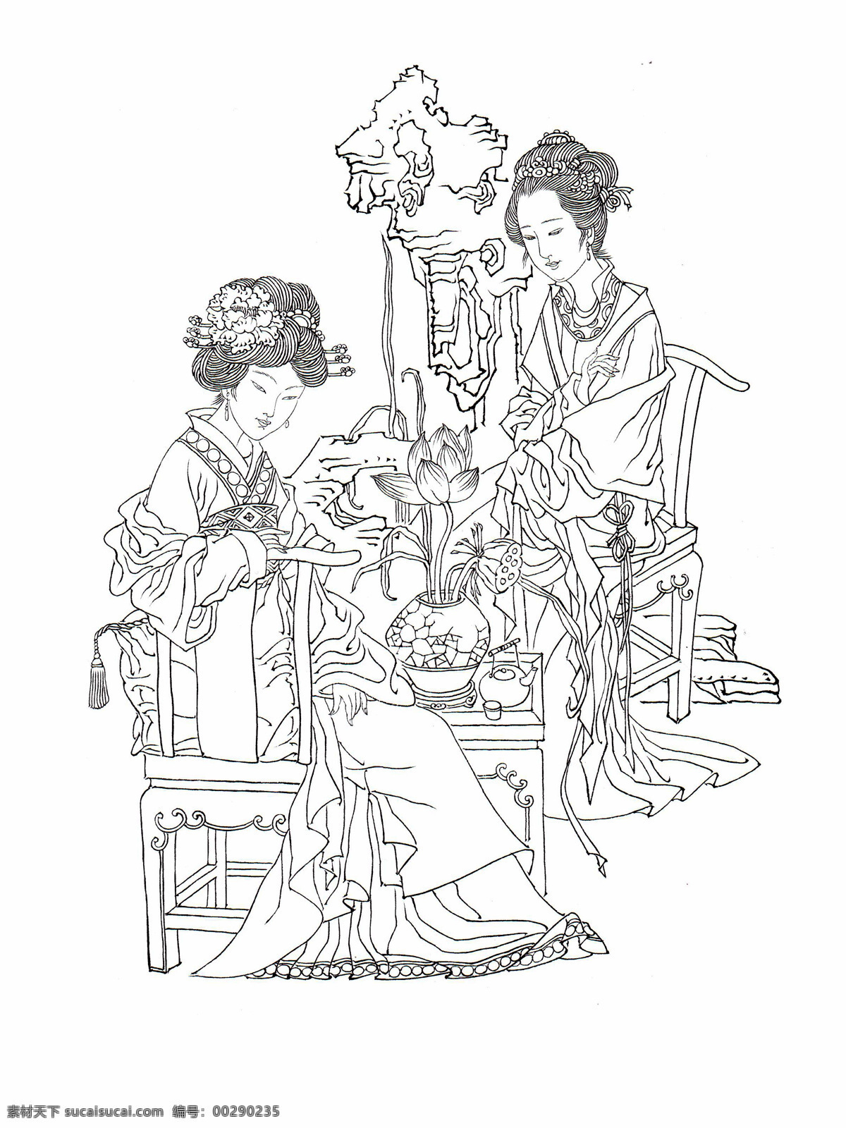 白描 茶壶 长裙 传统 工笔 古典 古画 国画 古代 仕女 设计素材 模板下载 古代仕女白描 美女 植物 头饰 线描 装饰 民族风 中国元素 绘画书法 文化艺术