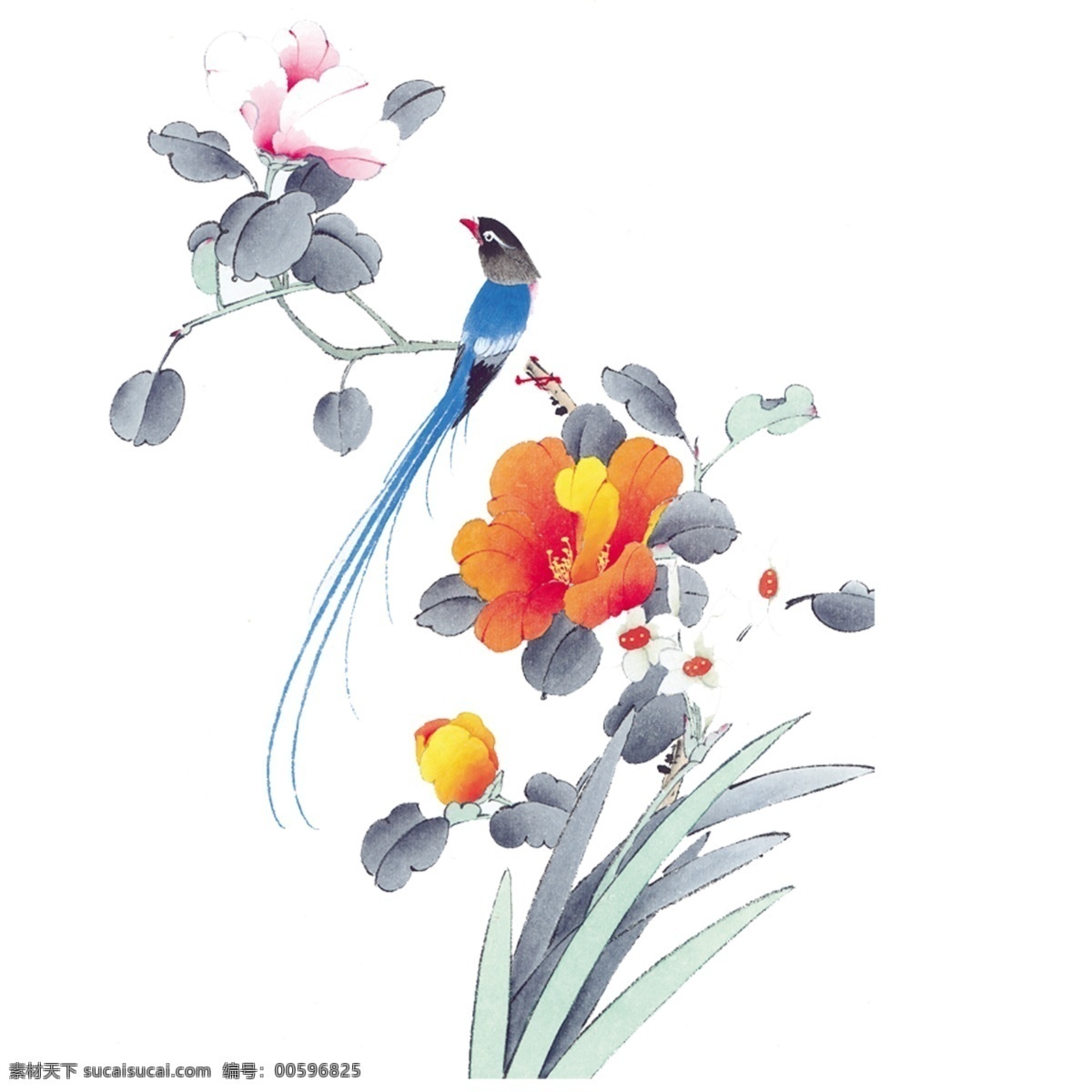 手绘花鸟 分层图 国画 花鸟 中国风 蓝色牡丹 文化艺术 绘画书法