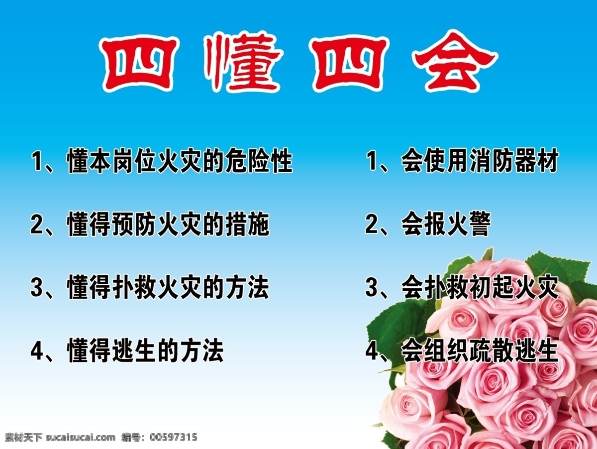 医院 四懂四会 火灾 火警 消防器材 疏散逃生 玫瑰 展板模板 广告设计模板 源文件