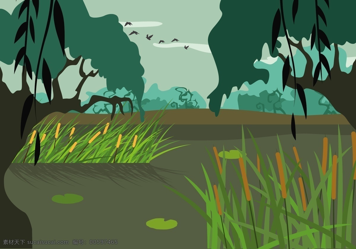 自由 沼泽 插图 矢量 自然 植物 景观 背景 卡通 芦苇 草 水 湖 树 艺术 天空 可爱 绿色 森林 池塘 地方 夏天