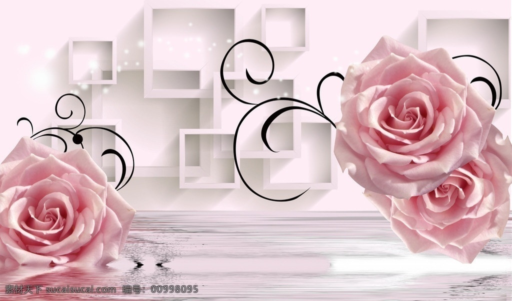 梦幻 粉色 玫瑰花 倒影 水波 星星 方框 立体 背景 壁画 装饰画 3d 分层 源文件