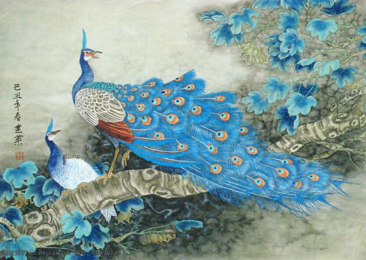 工笔花鸟画 工笔画 国画 国画艺术 花鸟国画 花鸟图 画 绘画书法 工笔重彩画 树木 蓝孔雀 书法 印章 文化艺术 家居装饰素材 雕刻 图案