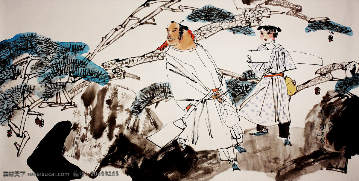 彩墨画 古人 国画艺术 绘画 绘画书法 人物 山峰 山岭 听松图 中国画 山水画 现代国画 松树 云雾 树木 书法 印章 国画集36 文化艺术 装饰素材 雕刻 图案