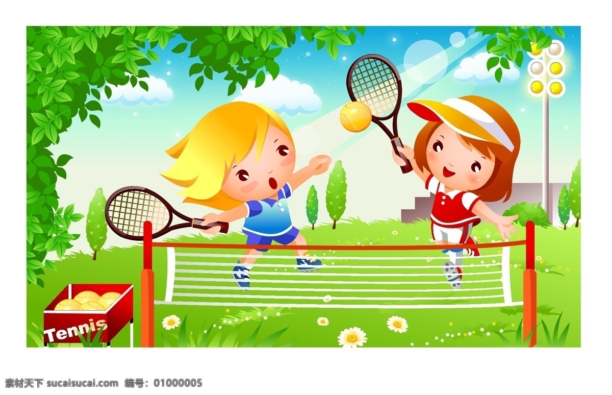网球 运动 儿童 比赛 卡通 矢量图 矢量人物