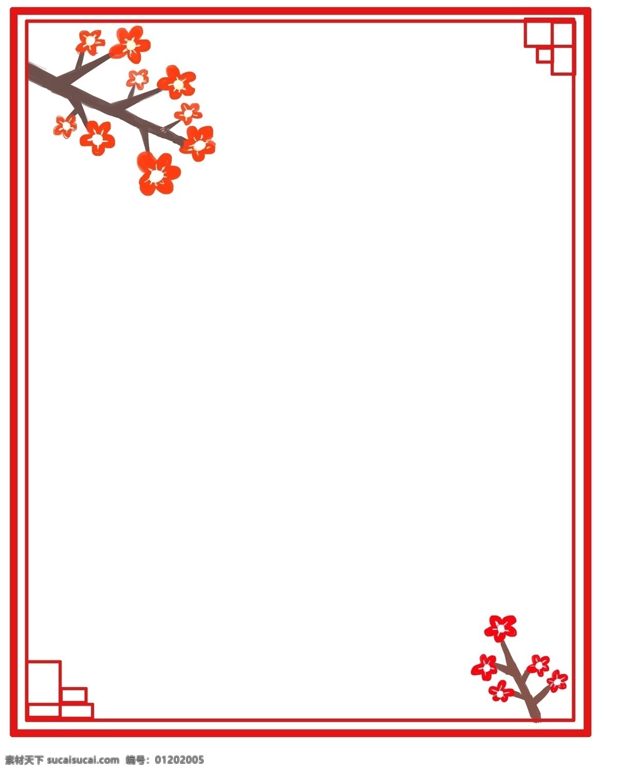 树枝 红色 梅花 边框 瑞雪兆丰年 画面 主体 左上角 右下角 枝条 组成 上 中 点缀 白色 花蕊 落 满 雪花 寓意是冬天