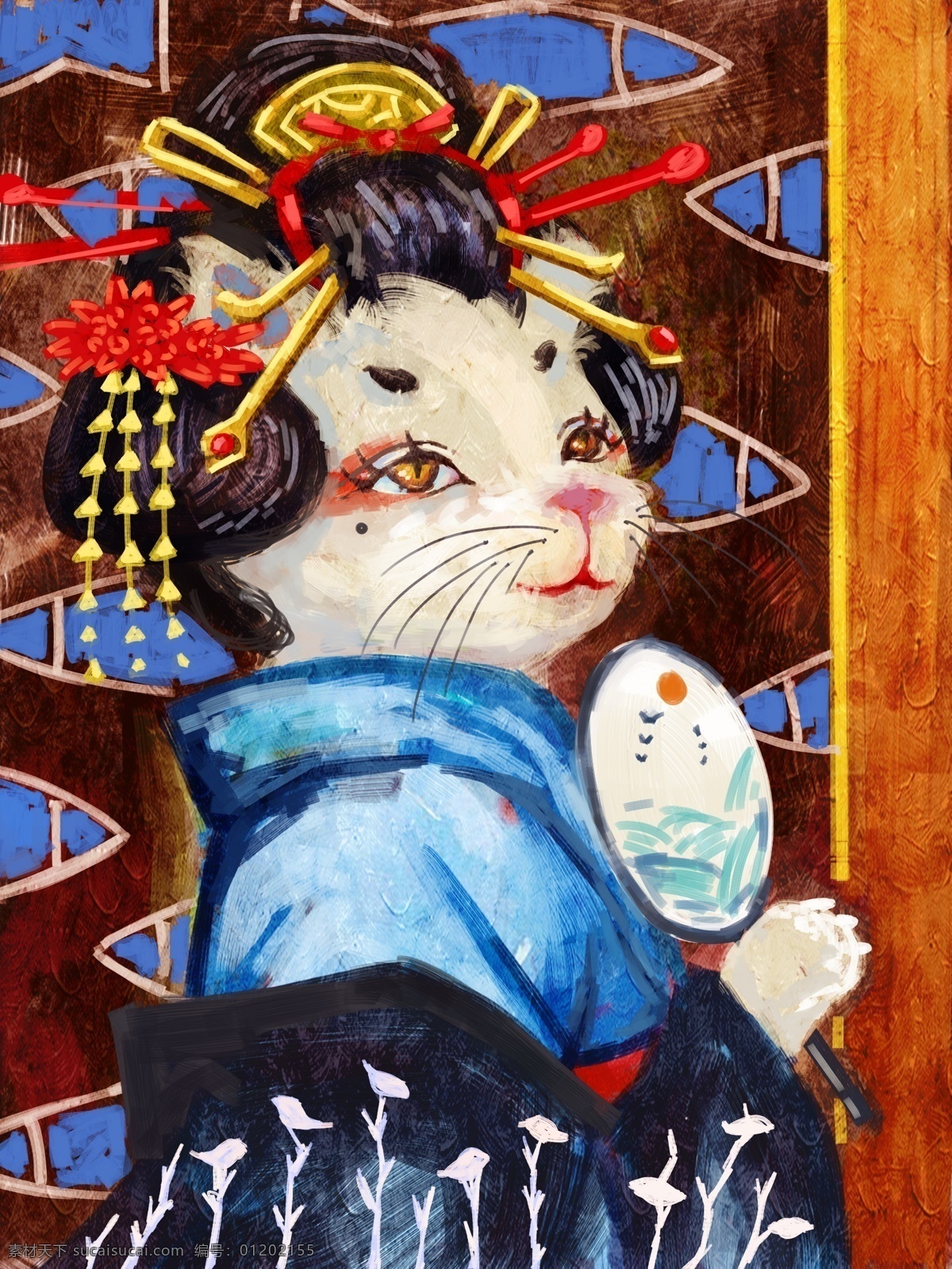 瞄 计 印象 日本 和风 艺妓 猫 复古 古风 肌理 插画 插图 瞄记印象 配图 手绘 原创