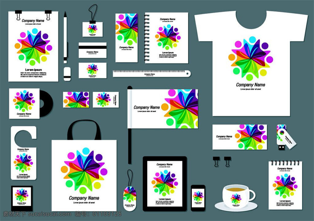 彩色 图案 vi vi模板 vi设计 vi应用 应用系统设计 视觉设计 折页传单 矢量素材 袋子 胸卡 t恤 杯子