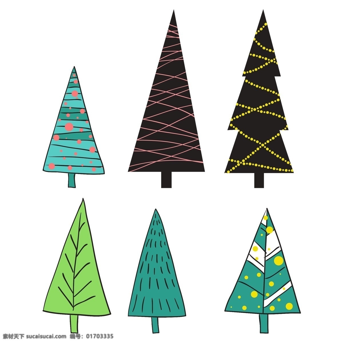 手绘 圣诞树 简 笔画 黑色 花纹 卡通 绿色 源文件 装饰图案